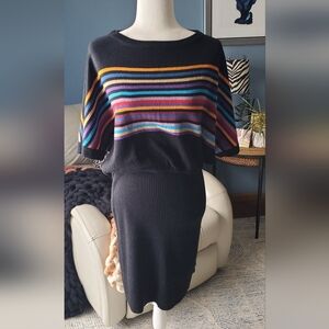 Colorfully Striped Black Knit Dress
